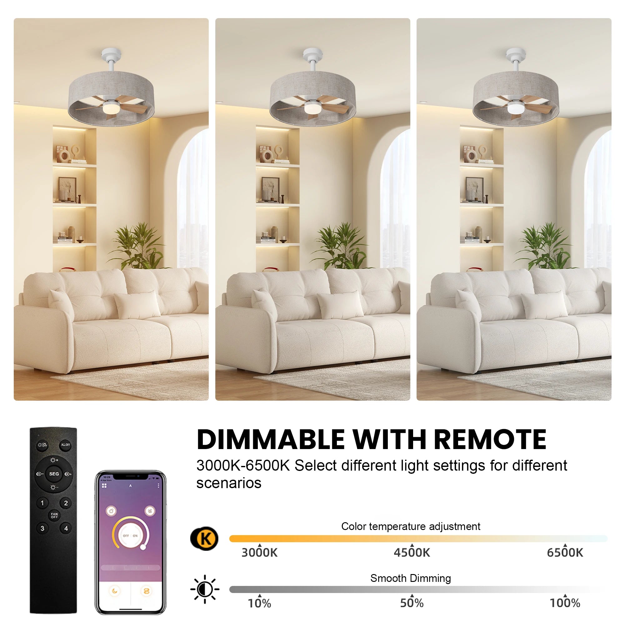 Deckenventilator mit LED-Licht | Blattdesign 132 cm | Holzoptik